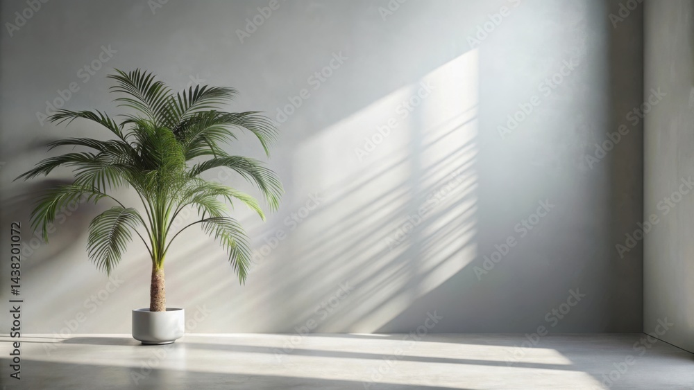 A Minimalist Corner with a Palm Tree in a White Pot, Bathed in Sunlight Through a Window A Minimalist Corner with a Palm Tree in a White Pot, Bathed in Sunlight Through a Window