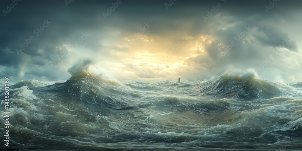 Fototapeta premium Stormy ocean waves dramatic landscape hdr 360 degree hdri view under dark sky