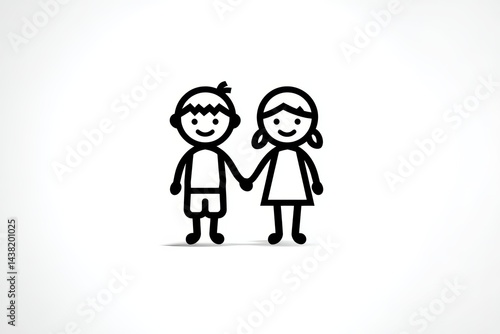 Cartoon boy and girl holding hands, minimalist design, white background, warm friendship.