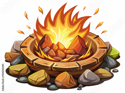 A high-quality vector illustration of a small camping fire pit with crackling flames and stones around, isolated on a white background