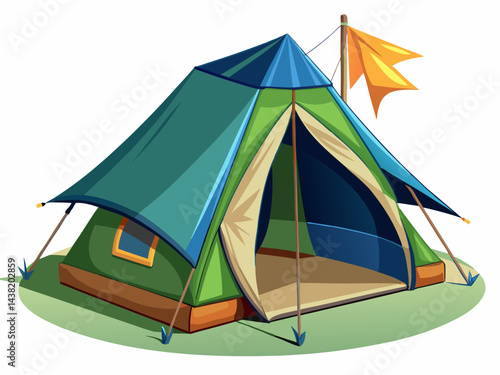 A high-quality vector illustration of a modern camping tent with open flaps and stakes, isolated on a white background