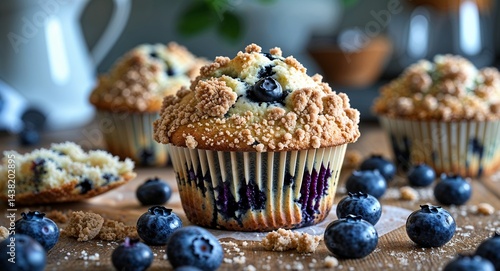 Blueberry muffin with streusel topping on kitchen table background