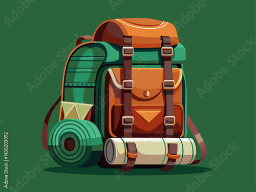 A detailed vector of an outdoor hiking backpack with side compartments and a rolled sleeping bag attached, placed on a solid forest green background