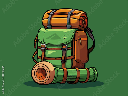A detailed vector of an outdoor hiking backpack with side compartments and a rolled sleeping bag attached, placed on a solid forest green background