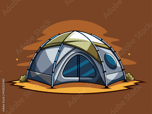 A clean vector of a dome-shaped camping tent pitched on ground, placed on a solid earthy brown background