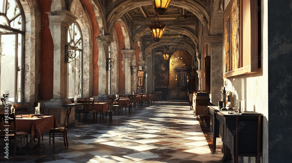 Fototapeta premium Elegant corridor with tables and chairs. Sunlight on the floor. Classic design