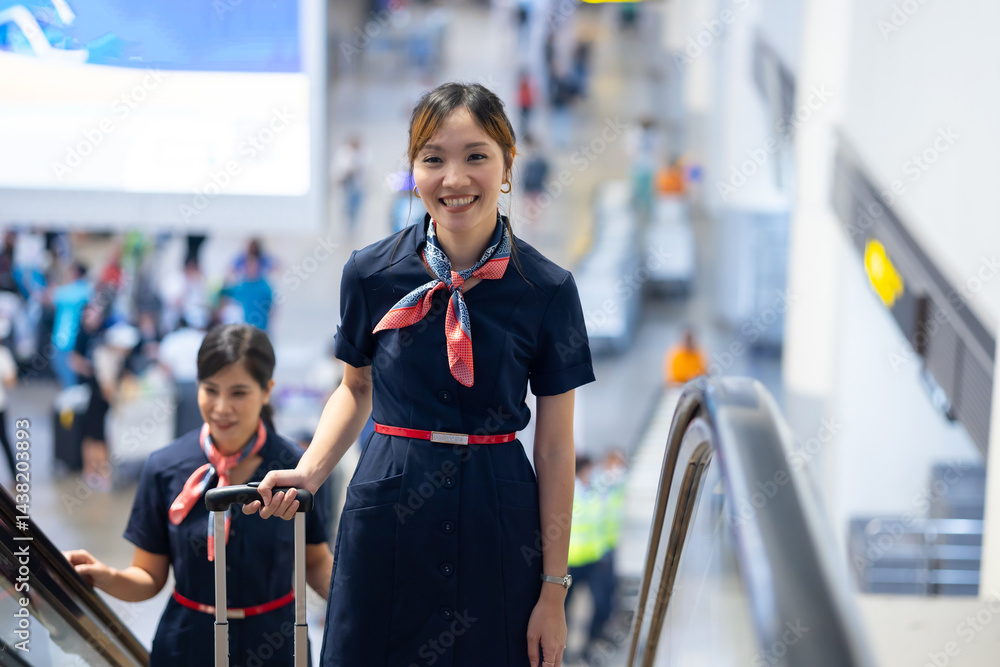 Back view two Cabin crew or air hostess in airport. Cabin crew, air hostess working in airplane. Service mind. Asian stewardess with suitcase at modern airport terminal. flight attendant