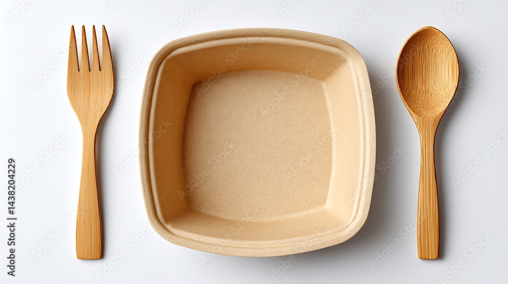 Brown square takeout bowl, wooden fork & spoon on white surface. Simple food presentation Brown square takeout bowl, wooden fork & spoon on white surface. Simple food presentation