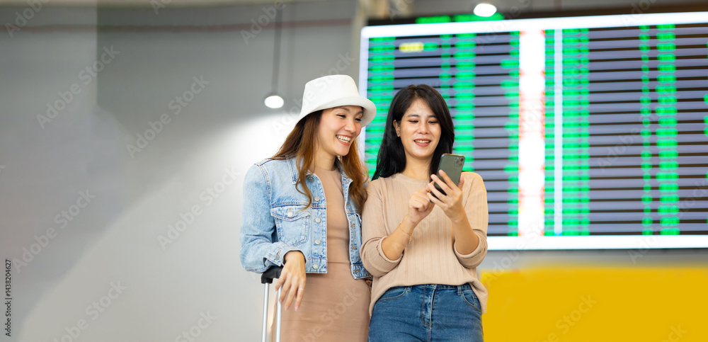 Check flight schedule on board with information display. arrival and departure board. Two Asian woman use smartphone cheking flight for travel in long weekend