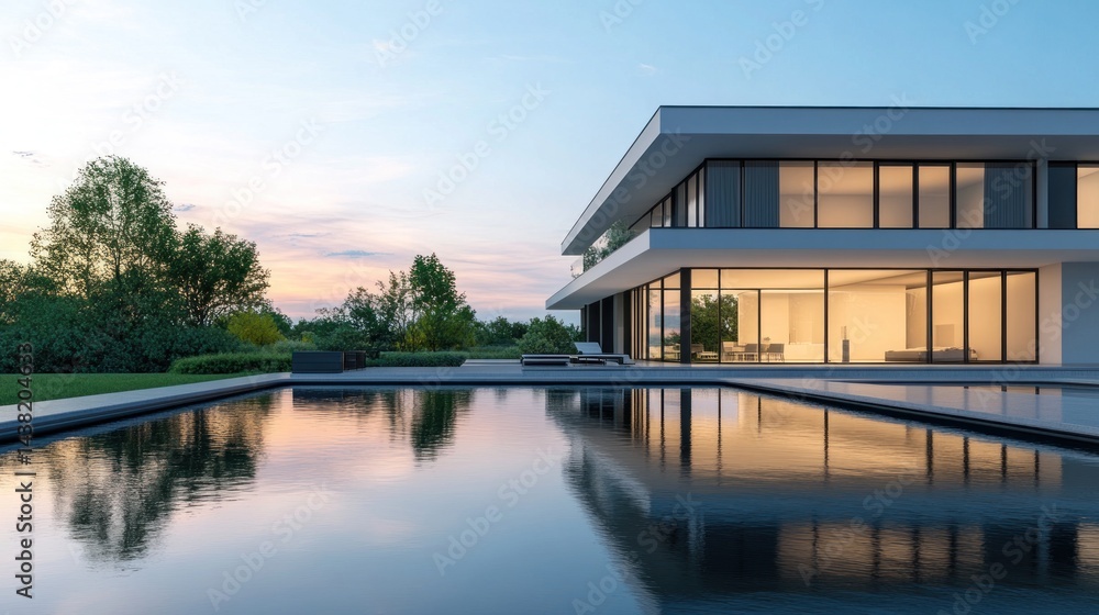 Modern Luxury Villa Sunset Reflection Modern Luxury Villa Sunset Reflection