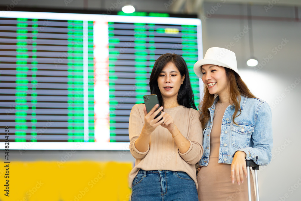 Check flight schedule on board with information display. arrival and departure board. Two Asian woman use smartphone cheking flight for travel in long weekend