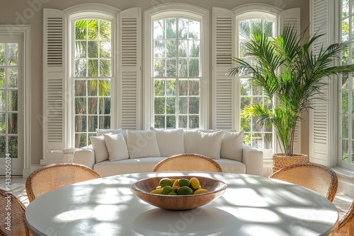 Bright dining room with a white round table, chairs, white shuttered windows, large floor-to-ceiling windows, a sofa, a chair, and a green palm tree, filled with natural light.