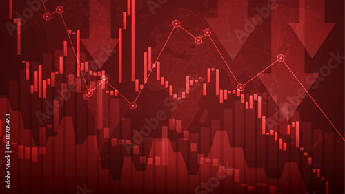 Modern widescreen business stock market crash background vector with falling charts on red background.