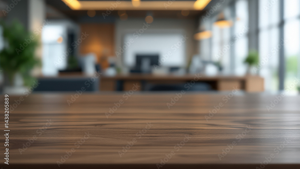 Rustic Wooden Tabletop with Blurred Modern Office Background Rustic Wooden Tabletop with Blurred Modern Office Background
