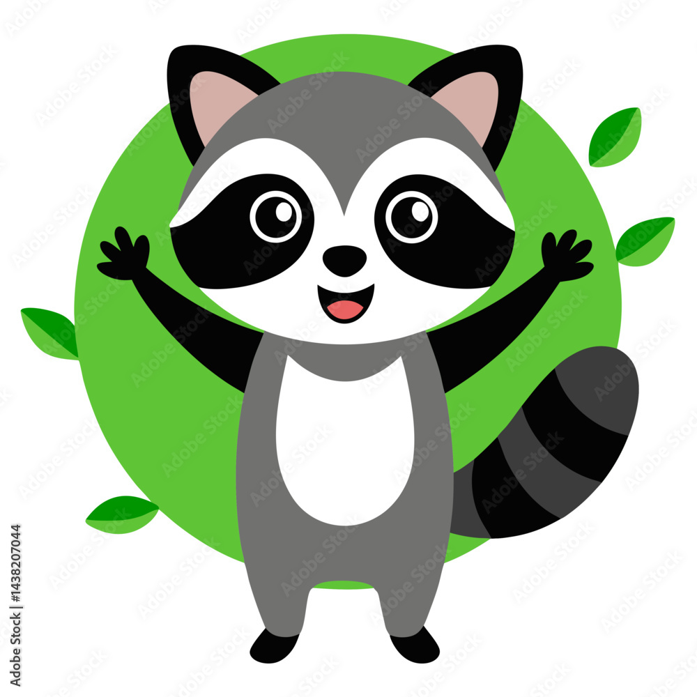 Obraz premium Playful cartoon raccoon with raised arms on a green background