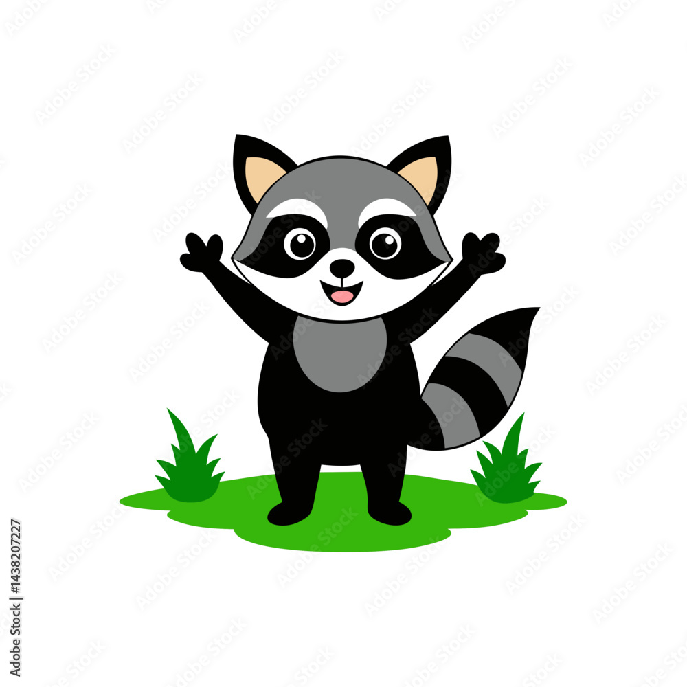 Obraz premium Playful cartoon raccoon with raised arms on a green background