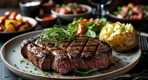 Grilled steak with baked potato and salad on dinner table background