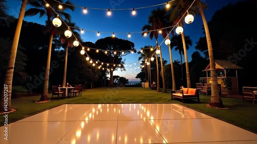 Outdoor party scene with glowing lights against a twilight background  