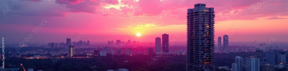 Fototapeta premium Pink sunset over city skyline, modern condo building, home, sunset