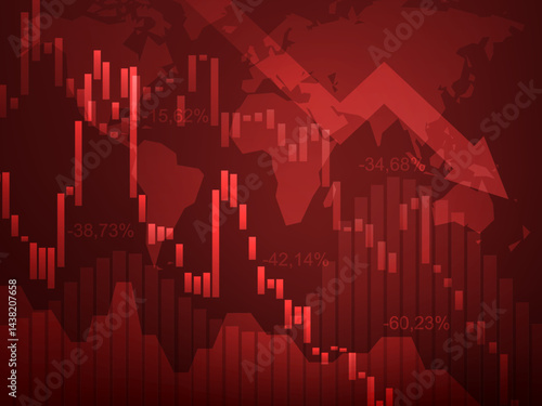 Modern business stock market crash background vector with falling charts on red background.