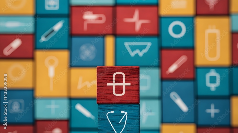 Stacked Wooden Blocks with Healthcare Icons Symbolizing Medical Success Stacked Wooden Blocks with Healthcare Icons Symbolizing Medical Success