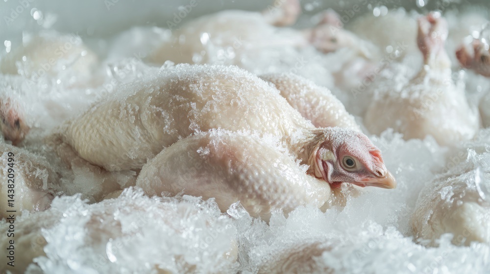 Fototapeta premium Fresh whole chicken covered in ice