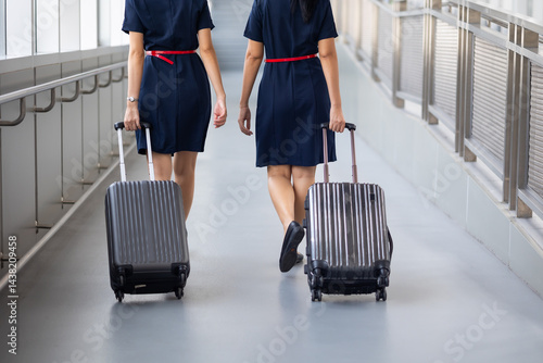 Obraz na płótnie Closeup hand woman Walking in airport. Cabin crew, air hostess working in airplane. Service mind. Asian stewardess with suitcase at modern airport terminal. flight attendant w salonie
