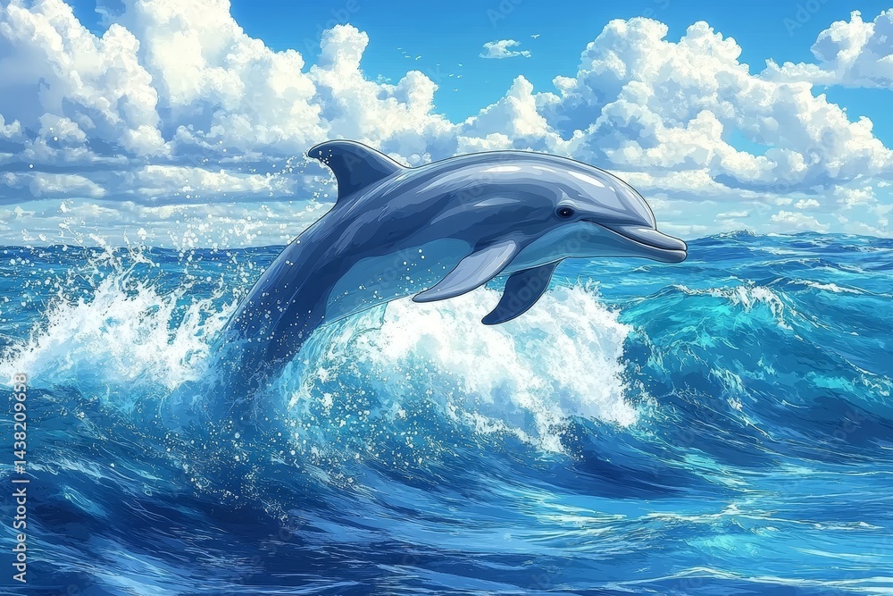 Fototapeta premium Dolphin leaping ocean waves sunny sky