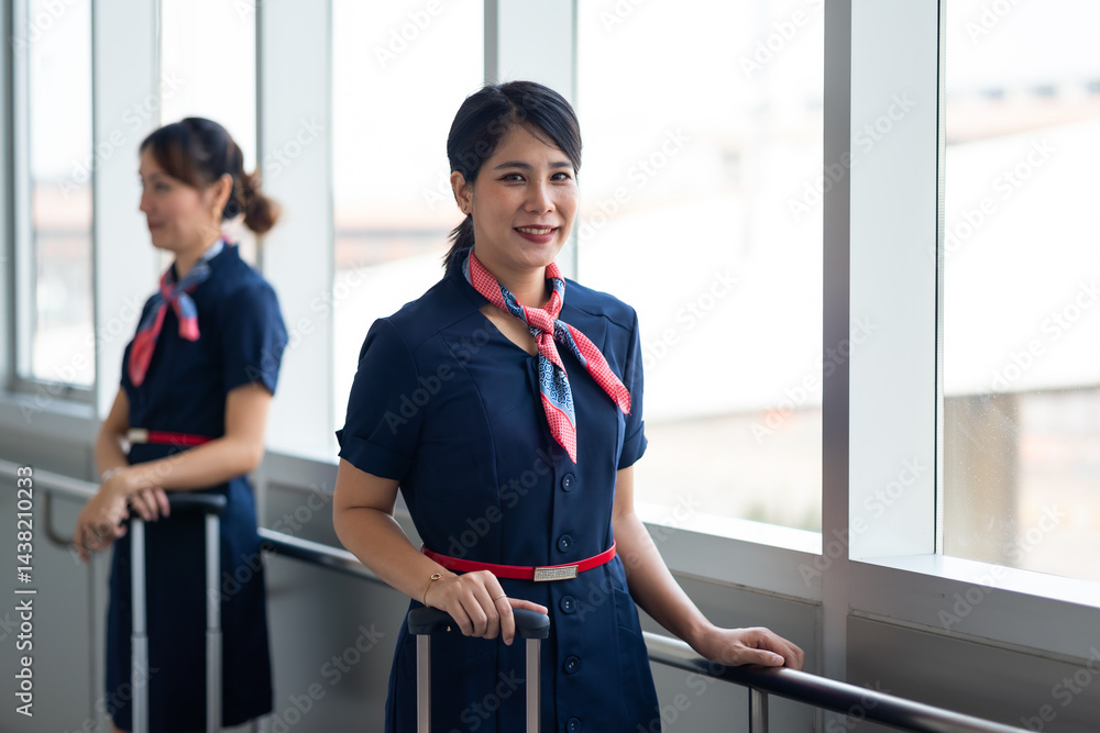 Portrait female Cabin crew or air hostess in airport. Cabin crew, air hostess working in airplane. Service mind. Asian stewardess with suitcase at modern airport terminal. flight attendant
