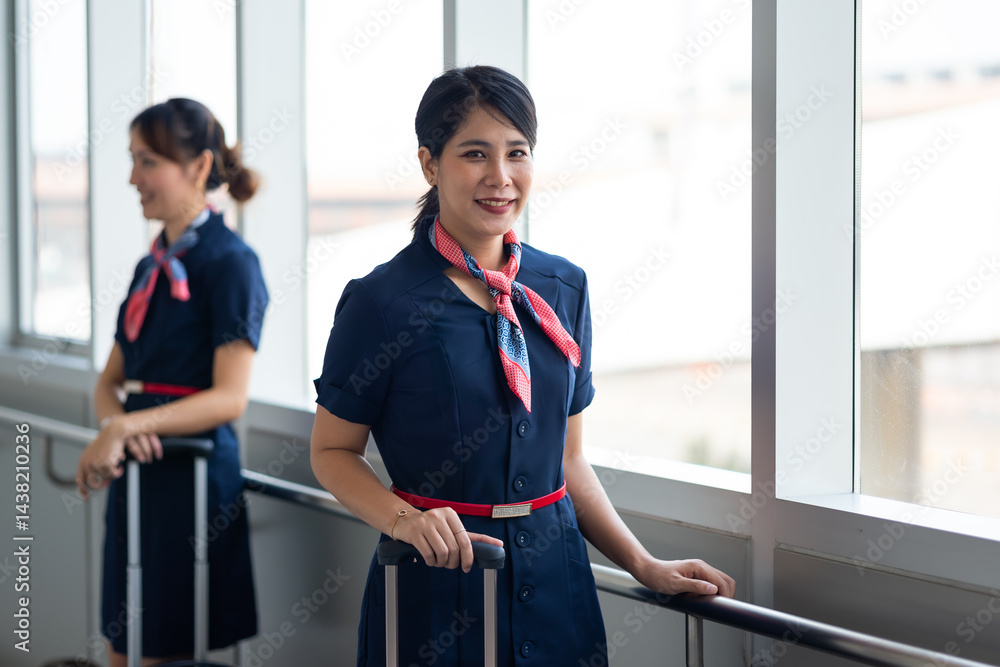 Portrait female Cabin crew or air hostess in airport. Cabin crew, air hostess working in airplane. Service mind. Asian stewardess with suitcase at modern airport terminal. flight attendant