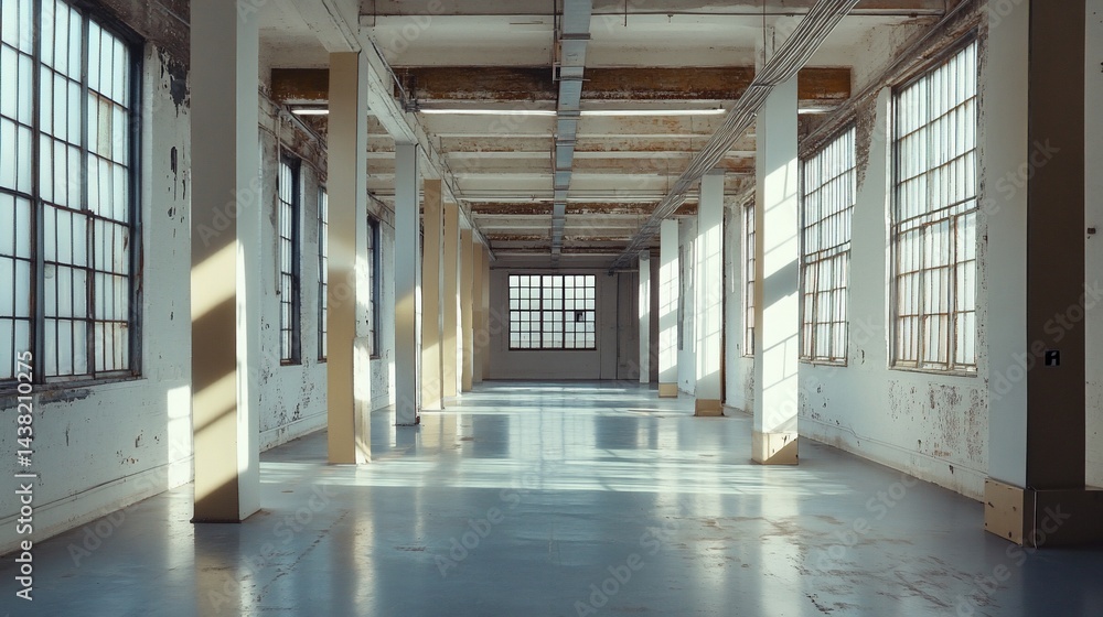 Fototapeta premium Empty industrial loft space with sunlight, columns, and windows