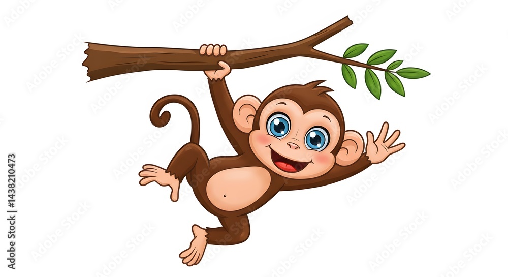 Obraz premium AI image showing a cute cartoon monkey with blue eyes happily hanging from a tree branch and waving hello cheerfully.