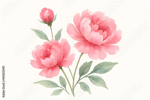 Blossoming Peonies: Capturing the delicate beauty of peonies in full bloom, this artistic rendering showcases soft pink petals, lush green foliage, and a sense of freshness.