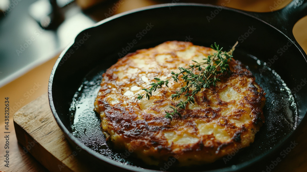 Rosti potato pancake garnished with fresh thyme in a cast iron pan, creating a simple yet flavorful dish. Rosti potato pancake garnished with fresh thyme in a cast iron pan, creating a simple yet flavorful dish.