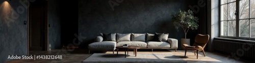 Deep shadows engulf a stark black wall in a dimly lit living room , atmosphere, space