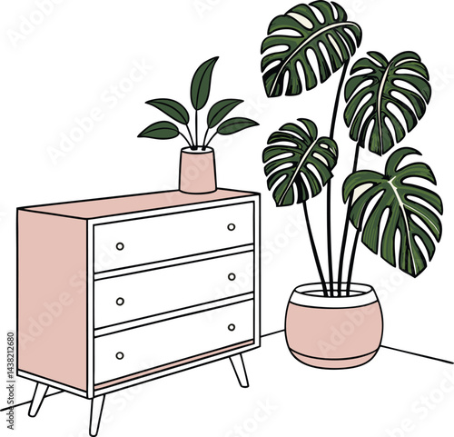 Vector illustration of wooden chest of drawers with small cacti plants. Perfect for furniture stores, interior design blogs, and home decor websites.