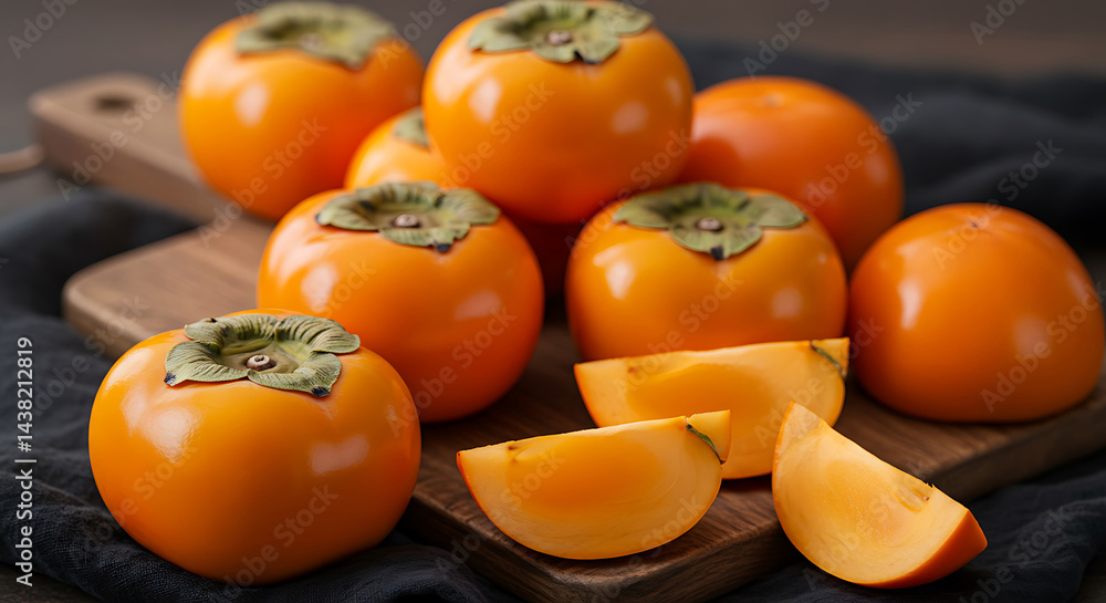 Fresh ripe persimmons, whole and sliced, still life arrangement on wooden board, suitable for food blogs and healthy eating concepts Fresh ripe persimmons, whole and sliced, still life arrangement on wooden board, suitable for food blogs and healthy eating concepts