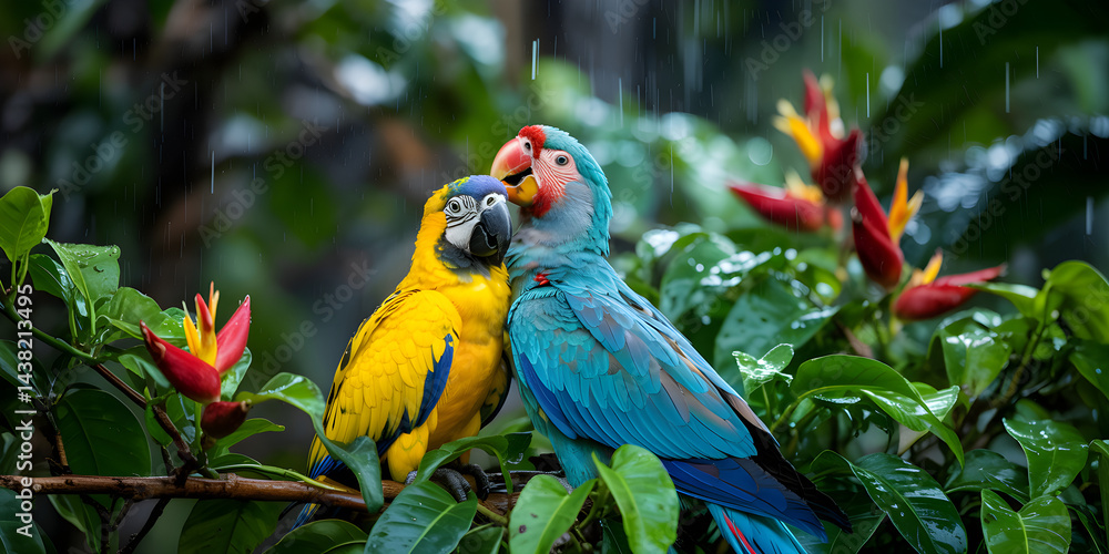 Obraz premium Colorful tropical macaws, including blue and yellow, red and yellow, and blue and gold varieties, are beautiful parrot birds often seen in wildlife