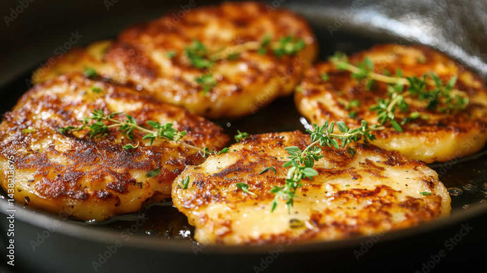 Rosti potato pancake garnished with fresh thyme in a cast iron pan, creating a simple yet flavorful dish. Rosti potato pancake garnished with fresh thyme in a cast iron pan, creating a simple yet flavorful dish.