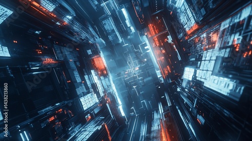 Futuristic tunnel with intricate neon-lit geometric details