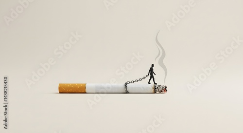 AI image minimalist concept: tiny man silhouette chained to large burning cigarette, illustrating inescapable smoking addiction and self-destruction.