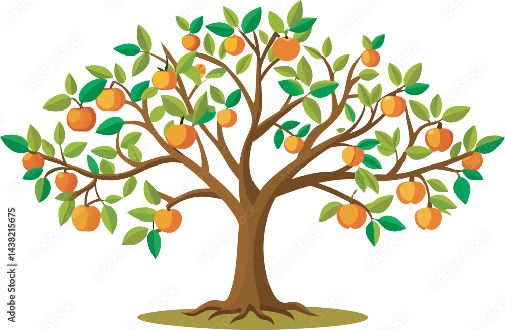Fototapeta premium A vibrant vector art illustration of a pruned fruit tree, showcasing neatly trimmed branches with colorful, ripe fruits in a lively style.