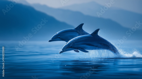 Dolphin Duo in Blue: Two sleek dolphins leap gracefully from the tranquil sea, their forms silhouetted against a serene, atmospheric backdrop of mountains and sky, bathed in a calming blue light.