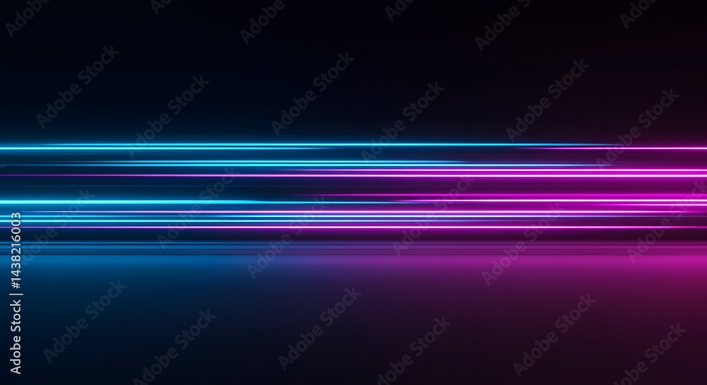 AI image abstract background featuring vibrant horizontal blue and pink neon light streaks moving rapidly across dark, reflective surface. AI image abstract background featuring vibrant horizontal blue and pink neon light streaks moving rapidly across dark, reflective surface.