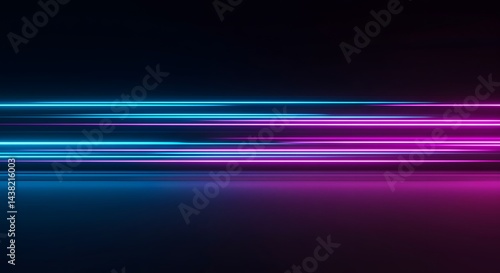AI image abstract background featuring vibrant horizontal blue and pink neon light streaks moving rapidly across dark, reflective surface.