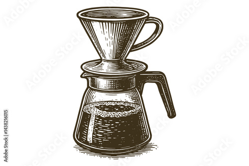 Coffee pour over brewer with glass server in vintage engraving style