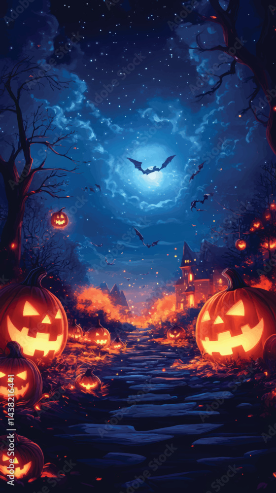 Halloween Scene with Glowing Pumpkin Faces. Halloween Scene with Glowing Pumpkin Faces.
