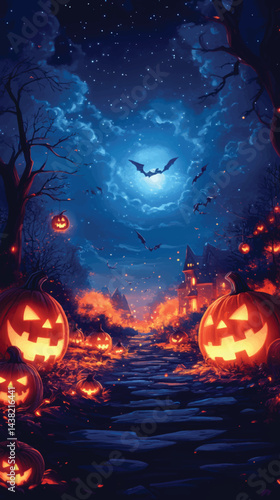 Halloween Scene with Glowing Pumpkin Faces.