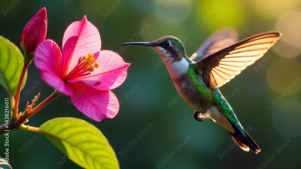 Fototapeta premium Hummingbird Hovering Near Pink Flower Blossom