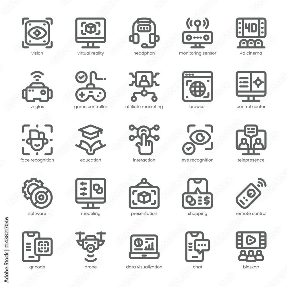 Augmented Reality Icon pack for your website, mobile, presentation, and logo design. Augmented Reality Icon outline design. Vector graphics illustration and editable stroke. Augmented Reality Icon pack for your website, mobile, presentation, and logo design. Augmented Reality Icon outline design. Vector graphics illustration and editable stroke.